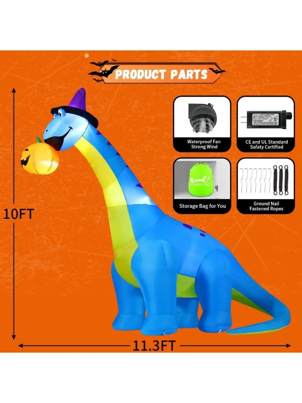 10 FT Inflatable Halloween Dinosaur Pumpkin Decoration with Shaking Head